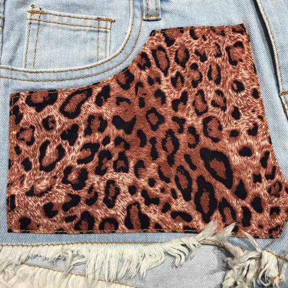 Chiqle Denim Leopard Print Patch and Studded Distressed Blue Jean Shorts - Picture 7 of 16